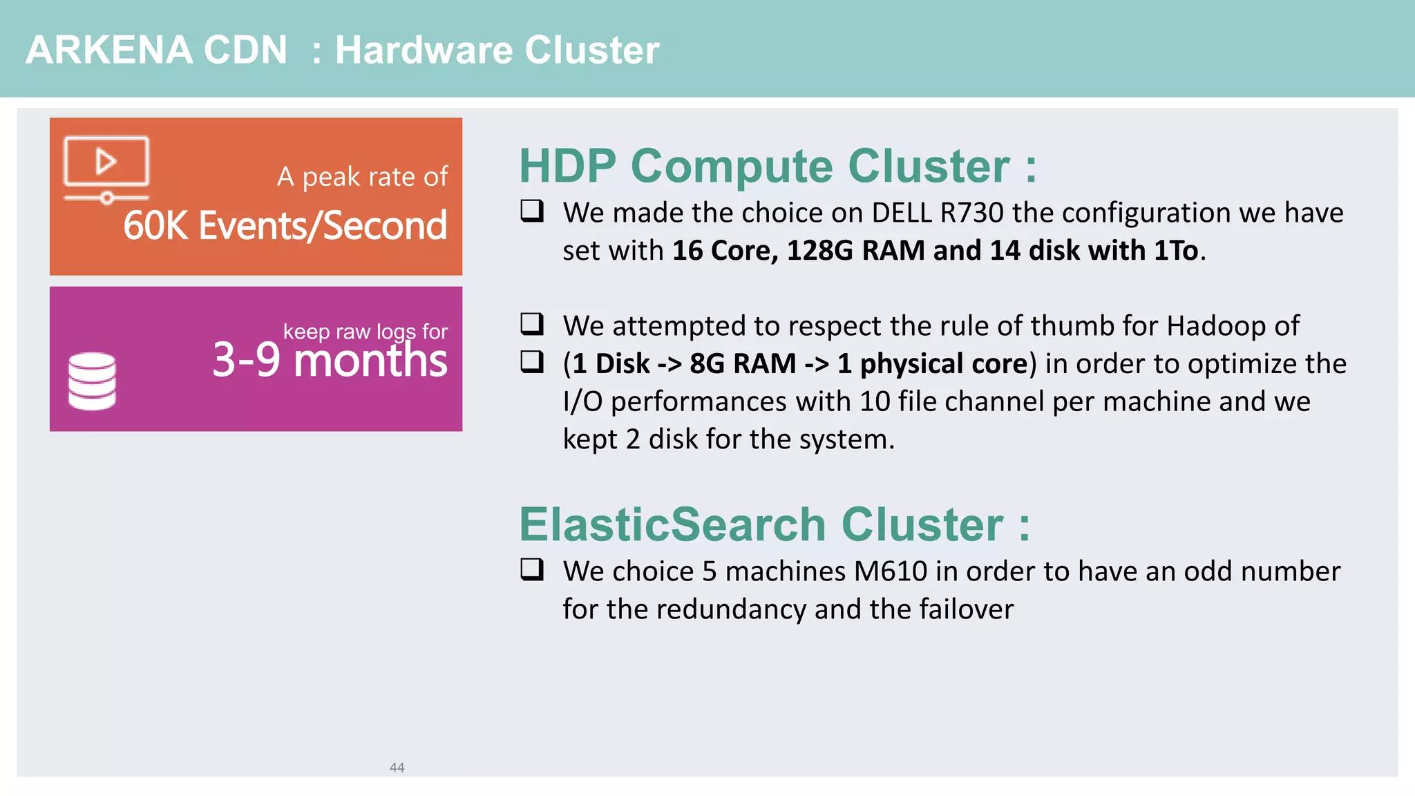 44
ARKENA CDN : Hardware Cluster
A peak rate of
60K Events/Second
keep raw logs for
3-9 months
HDP Compute Cluster :
 We made the choice on DELL R730 the configuration we have
set with 16 Core, 128G RAM and 14 disk with 1To.
 We attempted to respect the rule of thumb for Hadoop of
 (1 Disk -> 8G RAM -> 1 physical core) in order to optimize the
I/O performances with 10 file channel per machine and we
kept 2 disk for the system.
ElasticSearch Cluster :
 We choice 5 machines M610 in order to have an odd number
for the redundancy and the failover
 