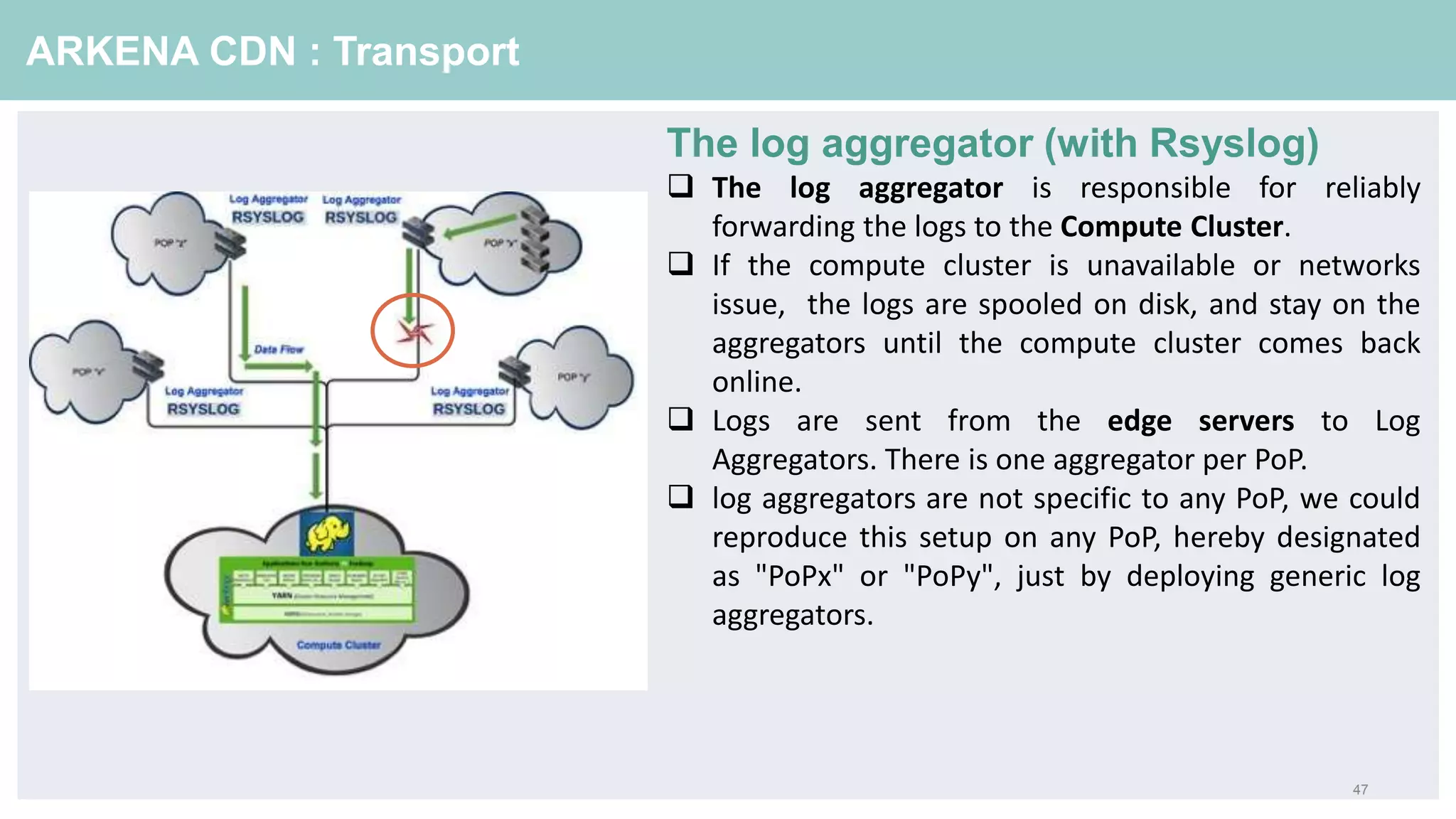 47
ARKENA CDN : Transport
The log aggregator (with Rsyslog)
 The log aggregator is responsible for reliably
forwarding the logs to the Compute Cluster.
 If the compute cluster is unavailable or networks
issue, the logs are spooled on disk, and stay on the
aggregators until the compute cluster comes back
online.
 Logs are sent from the edge servers to Log
Aggregators. There is one aggregator per PoP.
 log aggregators are not specific to any PoP, we could
reproduce this setup on any PoP, hereby designated
as "PoPx" or "PoPy", just by deploying generic log
aggregators.
 