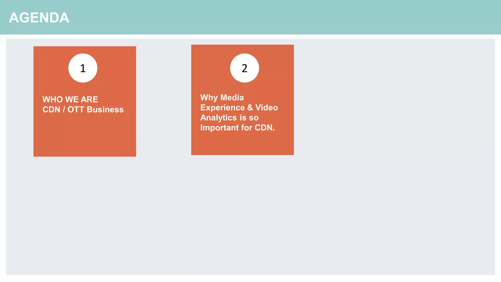 AGENDA
WHO WE ARE
CDN / OTT Business
Why Media
Experience & Video
Analytics is so
Important for CDN.
21
 