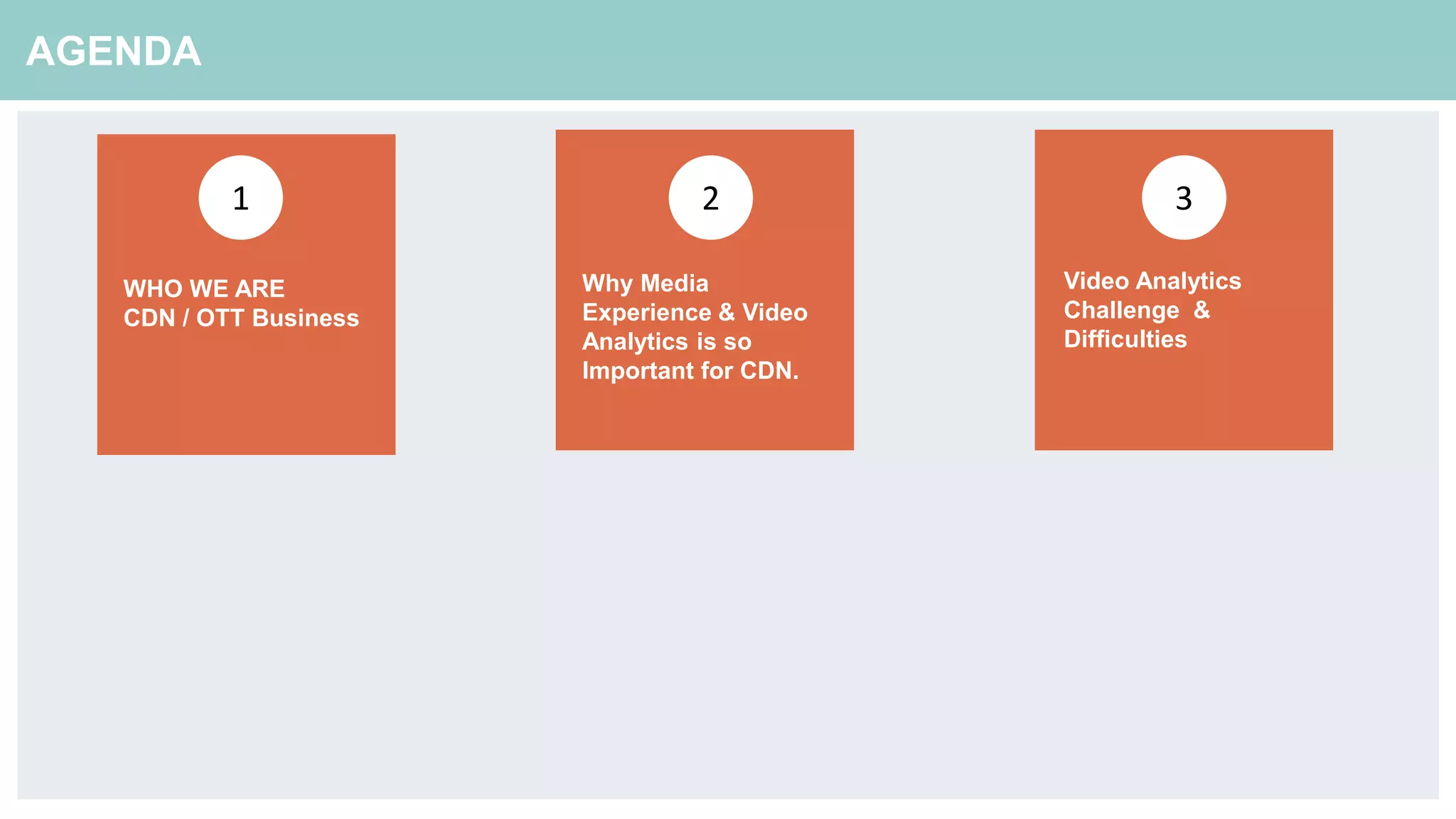 AGENDA
WHO WE ARE
CDN / OTT Business
Why Media
Experience & Video
Analytics is so
Important for CDN.
Video Analytics
Challenge &
Difficulties
321
 