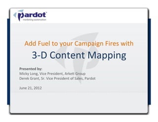 Add	
  Fuel	
  to	
  your	
  Campaign	
  Fires	
  with	
  
           3-­‐D	
  Content	
  Mapping	
  
Presented	
  by:	
  	
  
                                                      	
  
Micky	
  Long,	
  Vice	
  President,	
  Arke4	
  Group	
  
Derek	
  Grant,	
  Sr.	
  Vice	
  President	
  of	
  Sales,	
  Pardot	
  
	
  
June	
  21,	
  2012	
  

	
  
 