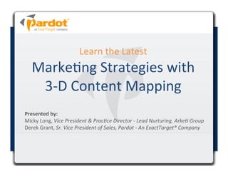 Learn	
  the	
  Latest	
  
    Marke4ng	
  Strategies	
  with	
  
     3-­‐D	
  Content	
  Mapping	
  
                                                      	
  
Presented	
  by:	
  	
  
Micky	
  Long,	
  Vice	
  President	
  &	
  Prac.ce	
  Director	
  -­‐	
  Lead	
  Nurturing,	
  Arke.	
  Group	
  
Derek	
  Grant,	
  Sr.	
  Vice	
  President	
  of	
  Sales,	
  Pardot	
  -­‐	
  An	
  ExactTarget®	
  Company 	
  
 