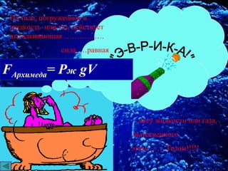 "Э-В-Р-И-К-А!" На тело, погруженное в жидкость  или газ, действует выталкивающая ……………. сила, …равная … весу жидкости или газа, . вытесненного  этим……. Телом!!!!! F Архимеда =   Р ж   g V 