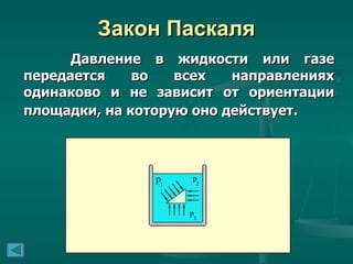 Закон Паскаля Давление в жидкости или газе передается во всех направлениях одинаково и не зависит от ориентации площадки, на которую оно действует.   