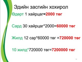 Эдийн засгийн хохирол
Өдөрт 1 хайрцаг=2000 төг
Сард 30 хайрцаг*2000=60000 төг
Жилд 12 сар*60000 төг =720000 төг
10 жилд*720000 төг=7200000 төг
61
 