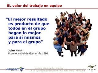 "El mejor resultado  es producto de que todos en el grupo hagan lo mejor  para sí mismos y para el grupo" John Nash Premio Nobel de Economía 1994 Una mente brillante: La idea - La entrega EL valor del trabajo en equipo 