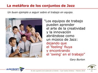 La met áfora de los conjuntos de Jazz "Los equipos de trabajo  pueden aprender  el arte de la creatividad y la innovación  abriéndose como  un músico de Jazz:  dejando que  el 'feeling' fluya y encontrando  el 'swing' en el trabajo" Gary Burton Un buen ejemplo a seguir sobre el trabajo en equipo. 