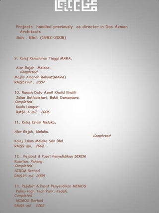 Projects handled previously as director in Das Azman
  Architects
Sdn . Bhd. (1992-2008)



9. Kolej Kemahiran Tinggi MARA,

Alor Gajah, Melaka.
  Completed
Majlis Amanah Rakyat(MARA)
RM$57mil . 2007

10. Rumah Dato Azmil Khalid Khalili
 Jalan Setiabistari, Bukit Damansara,
Completed
Kuala Lumpur.
RM$1.4 mil. 2006

11. Kolej Islam Melaka,

Alor Gajah, Melaka.
                                          Completed
Kolej Islam Melaka Sdn Bhd.
RM$9 mil. 2006

12 . Pejabat & Pusat Penyelidikan SIRIM
Kuantan, Pahang.
Completed
SIRIM Berhad
RM$15 mil. 2005

13. Pejabat & Pusat Penyelidikan MIMOS
 Kulim-High Tech Park, Kedah.
Completed
 MIMOS Berhad
RM$8 mil. 2005
 