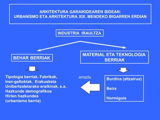 ARKITEKTURA GARAIKIDEAREN BIDEAN:
URBANISMO ETA ARKITEKTURA XIX. MENDEKO BIGARREN ERDIAN
BEHAR BERRIAK
MATERIAL ETA TEKNOLOGIA
BERRIAK
Tipologia berriak. Fabrikak,
tren-geltokiak, Erakusketa
Unibertsaletarako eraikinak, e.a.
Hazkunde demografikoa
Hirien hazkundea
(urbanismo berria)
INDUSTRIA IRAULTZA
Burdina (altzairua)
Beira
Hormigoia
erraztu
 