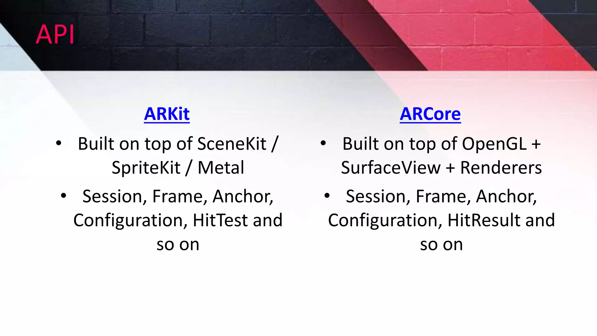 API
ARKit
• Built on top of SceneKit /
SpriteKit / Metal
• Session, Frame, Anchor,
Configuration, HitTest and
so on
ARCore
• Built on top of OpenGL +
SurfaceView + Renderers
• Session, Frame, Anchor,
Configuration, HitResult and
so on
 