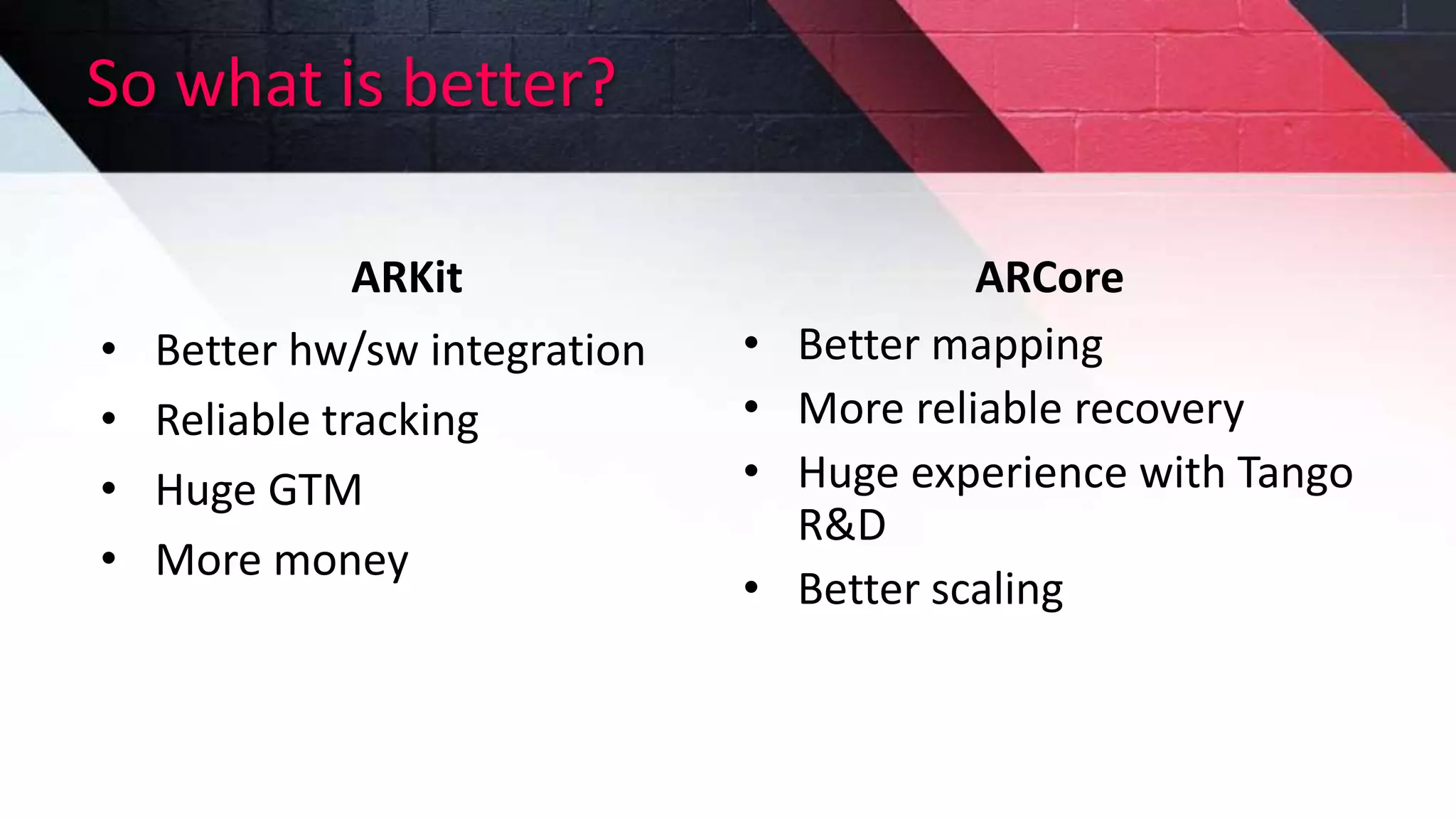 So what is better?
ARKit
• Better hw/sw integration
• Reliable tracking
• Huge GTM
• More money
ARCore
• Better mapping
• More reliable recovery
• Huge experience with Tango
R&D
• Better scaling
 