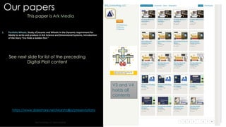 Our papers
8/27/2021 23
This paper is Ark Media
Brij Consulting, LLC Jean Marshall
V3 and V4
holds all
contents
1. Portfolio Wheels: Study of Secants and Wheels in the Dynamic requirement for
Media to write and produce in Ark Science and Dimensional Systems, Introduction
of the Story “Eru finds a Golden Pen.”
https://www.slideshare.net/Marshallja/presentations
See next slide for list of the preceding
Digital Plait content
 