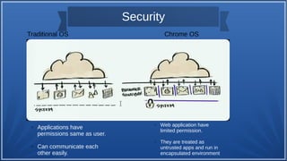 Security
Traditional OS Chrome OS
➢ Applications have
permissions same as user.
➢ Can communicate each
other easily.
➢ Web application have
limited permission.
➢ They are treated as
untrusted apps and run in
encapsulated environment
 