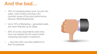 And the bad…
• 79% of marketing leads never convert into
sales. Lack of lead nurturing is the
common cause of this poor performance.
(Source: MarketingSherpa)
• Up to 70% of Marketing – generated leads
are never followed up by Sales
• 50% of survey respondents claim they
have not realized the full value of their
marketing automation investment…
• …less than 25% use their platforms to
their full potential
 
