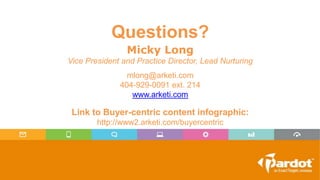 Questions?
Micky Long
Vice President and Practice Director, Lead Nurturing
mlong@arketi.com
404-929-0091 ext. 214
www.arketi.com
Link to Buyer-centric content infographic:
http://www2.arketi.com/buyercentric
 