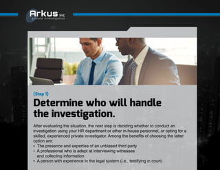 (Step 1)
Determine who will handle
the investigation.
After evaluating the situation, the next step is deciding whether to...