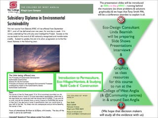 The presentation slides will be introduced
                                at ‘ARKs in the pARKS’ - running behind
                             the musicians (to show problems & solutions
                              graphically) & we hope that Tony Smith MA,
                             will be a conference attendee to explain it all.




                                                            s




 Introduction to Permaculture,
Eco-Villages/Hamlets, & Studying
  ‘Build Code 6’ Construction




                                (We hope that decision makers
                               will study all the evidence with us)
 