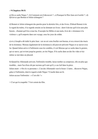 – 9 Chapitres 50-51
a) Où se cache Négus ? ; b) Comment est-il découvert ? ; c) Pourquoi le Père Jean est-il arrêté ? ; d)
Qu'est-ce que Bonnet et Julien échangent ?
d) Bonnet et Julien échangent des paroles pour la dernière fois, et des livres. D'abord Bonnet évite
le regard du traitre, il le regarde ensuite en lui donnant ses livres : dont il devine qu'il n'en aura plus
besoin... d'autant qu'il les a tous lus. Il accepte les Milles et une nuits, livre de « résistance à la
violence », qu'il emporte dans son voyage, sous les yeux du soldat.
a) et c) Joseph a dû trahir le père Jean : car on est venu fouiller son bureau, et on a trouvé des tracts
de la résistance. Moreau (également de la résistance) a dû pouvoir prévenir Négus et se sauver avec
lui. Quand Julien arrive à l'infirmerie sous les combles, il voit Moreau qui se cache dans le grenier,
qui se sauve, qui revient jusqu'au grenier, en tire Négus. Il le cache dans un des lits vides et lui-
même se met dans un placard.
b) Quand les Allemands arrivent, l'infirmière tremble, laisse tomber sa compresse, elle est plus que
troublée... mais l'un d'eux dit par racisme qu'il sent qu'il y a un Juif dans la pièce.
Julien ment : « On n'a vu personne ». L'un des Allemands veut le fesser. L'autre... découvre Négus,
grâce à l'infirmière, dont le regard a trahi Négus ? Couché dans un lit.
Julien accuse l'infirmière : « C'est elle ! »
> C'est qui le coupable ? Voir extrait du film.
 