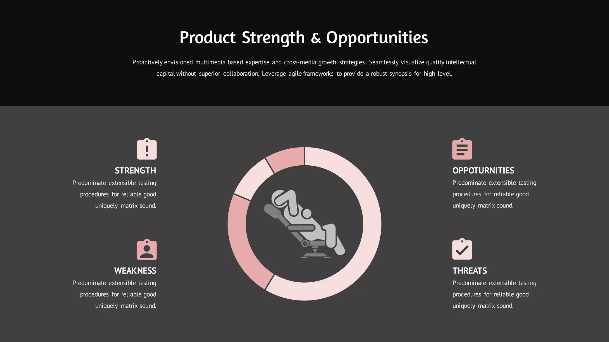 OPPOTURNITIES
Predominate extensible testing
procedures for reliable good
uniquely matrix sound.
STRENGTH
Predominate extensible testing
procedures for reliable good
uniquely matrix sound.
THREATS
Predominate extensible testing
procedures for reliable good
uniquely matrix sound.
WEAKNESS
Predominate extensible testing
procedures for reliable good
uniquely matrix sound.
Proactively envisioned multimedia based expertise and cross-media growth strategies. Seamlessly visualize quality intellectual
capital without superior collaboration. Leverage agile frameworks to provide a robust synopsis for high level.
Product Strength & Opportunities
 
