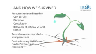 …AND HOW WE SURVIVED
 Resources reviewed based on
 Cost per use
 Discipline
 Consultation
 Relevance of national vs l...