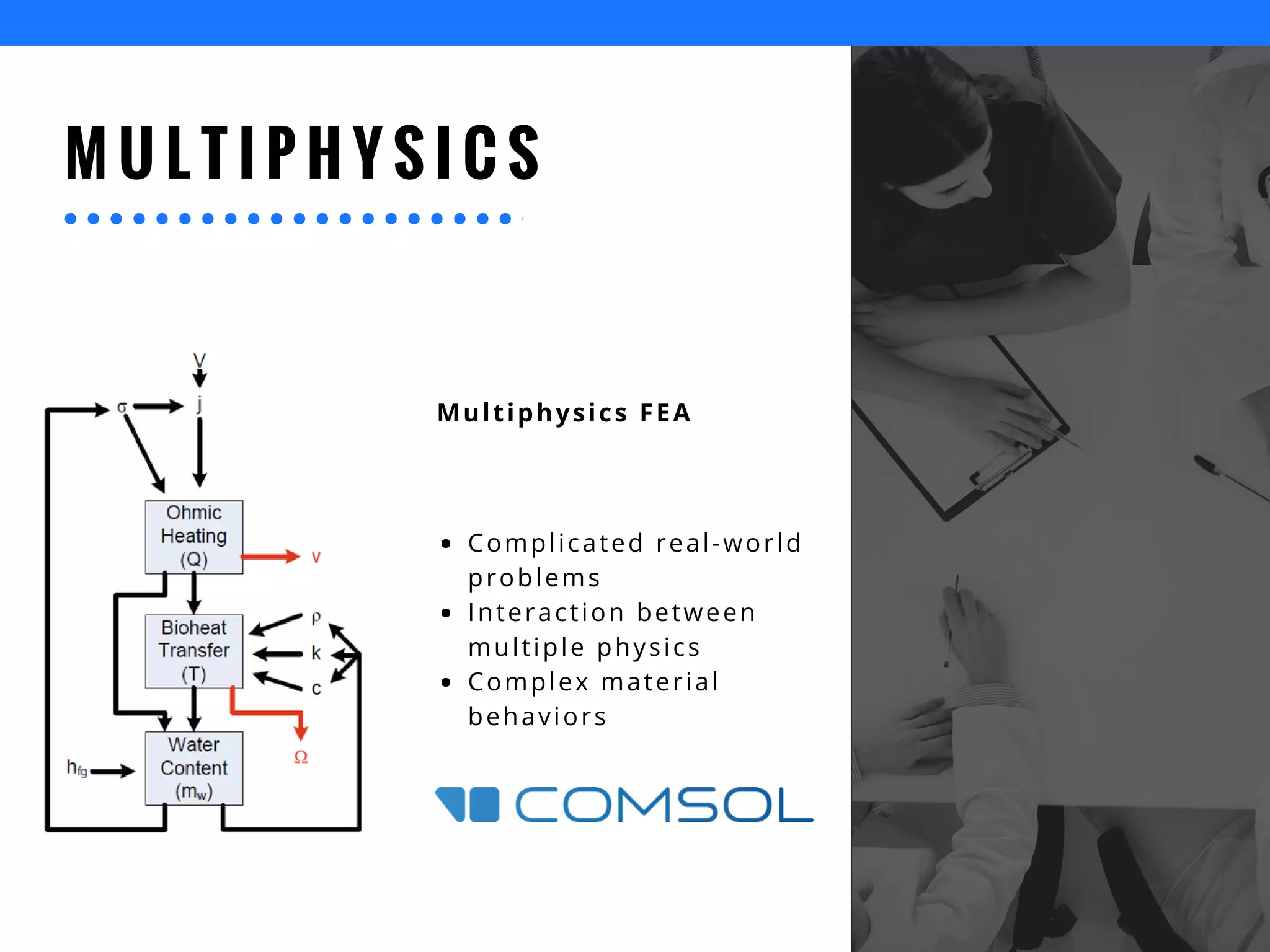 M U L T I P H Y S I C S
Complicated real-world
problems
Interaction between
multiple physics
Complex material
behaviors
Multiphysics FEA
 