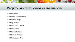 PROJETO SALA DE EDUCADOR – REDE MUNICIPAL
 EM Entre Rios
 EM Pedro Álvares Cabral
 EM Getúlio Vargas
 EM Água Limpa
 EM Vera Lúcia Schmidt
 EM 13 de Maio
 EM Tancredo Neves
 CEMEI Dois Pinheiro
 CEMEI Pequeno Anjo
 