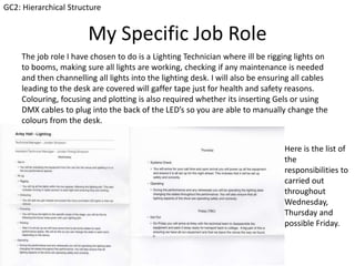 My Specific Job Role
The job role I have chosen to do is a Lighting Technician where ill be rigging lights on
to booms, making sure all lights are working, checking if any maintenance is needed
and then channelling all lights into the lighting desk. I will also be ensuring all cables
leading to the desk are covered will gaffer tape just for health and safety reasons.
Colouring, focusing and plotting is also required whether its inserting Gels or using
DMX cables to plug into the back of the LED’s so you are able to manually change the
colours from the desk.
GC2: Hierarchical Structure
Here is the list of
the
responsibilities to
carried out
throughout
Wednesday,
Thursday and
possible Friday.
 