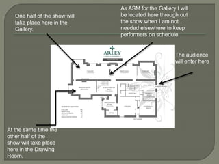 The audience
will enter here
One half of the show will
take place here in the
Gallery.
At the same time the
other half of the
show will take place
here in the Drawing
Room.
As ASM for the Gallery I will
be located here through out
the show when I am not
needed elsewhere to keep
performers on schedule.
 