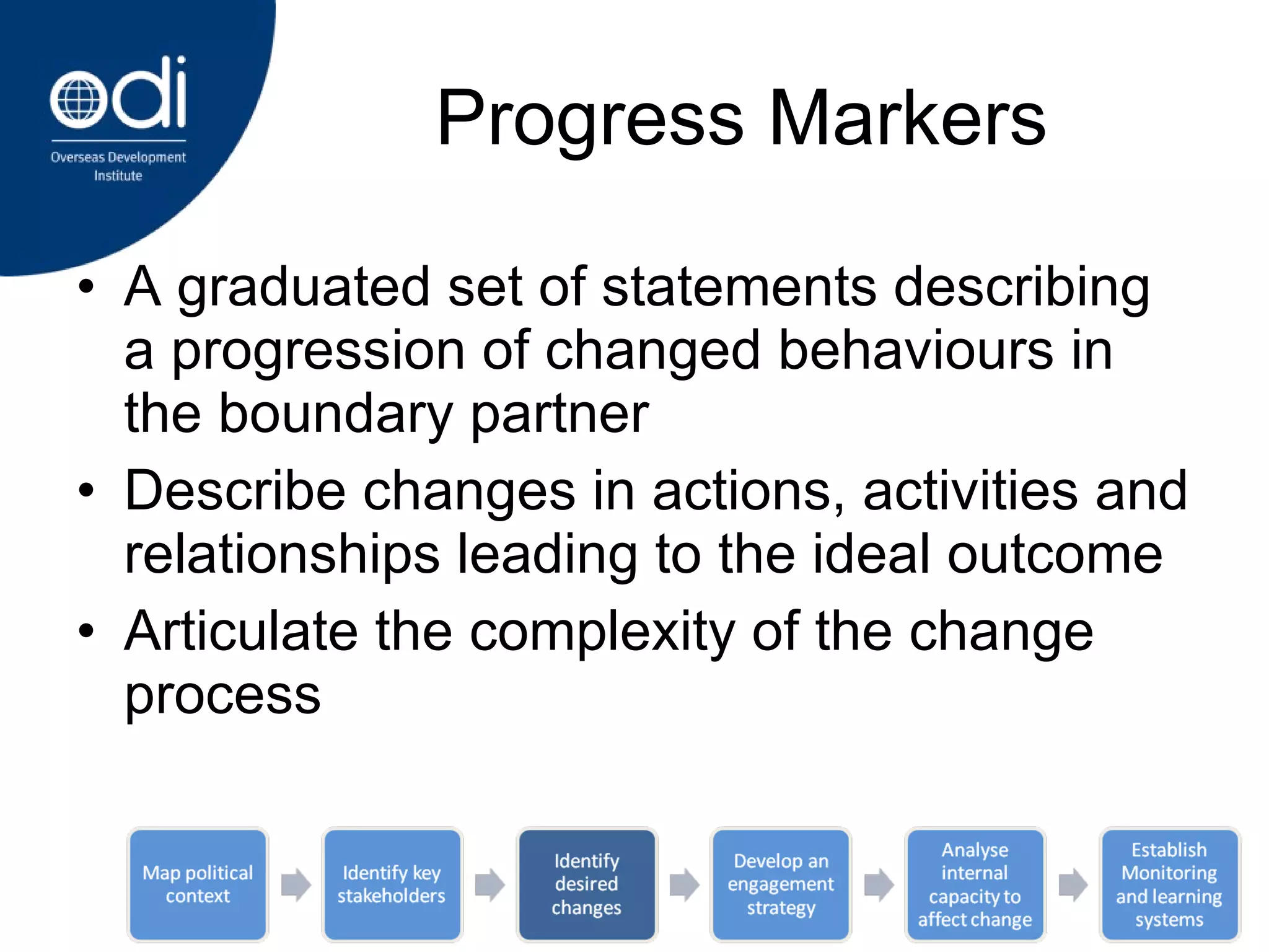 Progress Markers A graduated set of statements describing a progression of changed behaviours in the boundary partner Describe changes in actions, activities and relationships leading to the ideal outcome Articulate the complexity of the change process 