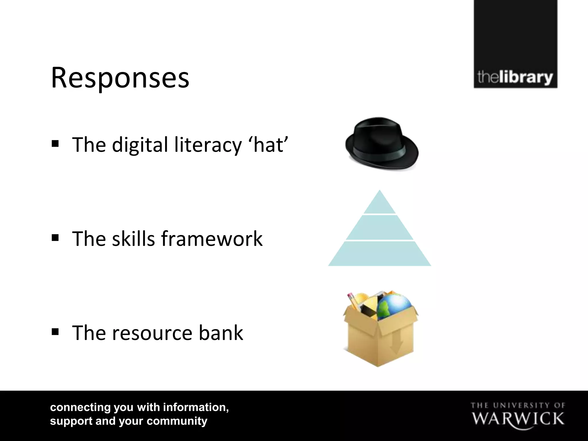 Responses
 The digital literacy ‘hat’



 The skills framework



 The resource bank


connecting you with information,
support and your community
 