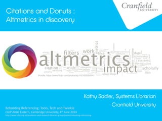 Citations and Donuts :
Altmetrics in discovery
Kathy Sadler, Systems Librarian
Cranfield University
Wordle: https://www.flickr.com/photos/ajc1/6795008004//
Rebooting Referencing: Tools, Tech and Twinkle
CILIP ARLG Eastern, Cambridge University, 4th June 2014
http://www.cilip.org.uk/academic-and-research-libraries-group/events/rebooting-referencing
 