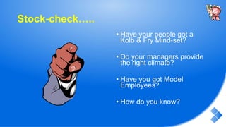 Stock-check…..
• Have your people got a
Kolb & Fry Mind-set?
• Do your managers provide
the right climate?
• Have you got Model
Employees?
• How do you know?
 