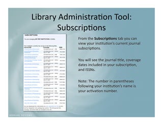 Library Administra9on Tool:
                           
       Subscrip9ons 
            From the Subscrip3ons tab you can 
            view your ins9tu9on’s current journal 
            subscrip9ons. 

            You will see the journal 9tle, coverage 
            dates included in your subscrip9on, 
            and ISSNs. 

            Note: The number in parentheses 
            following your ins9tu9on’s name is 
            your ac9va9on number. 
 