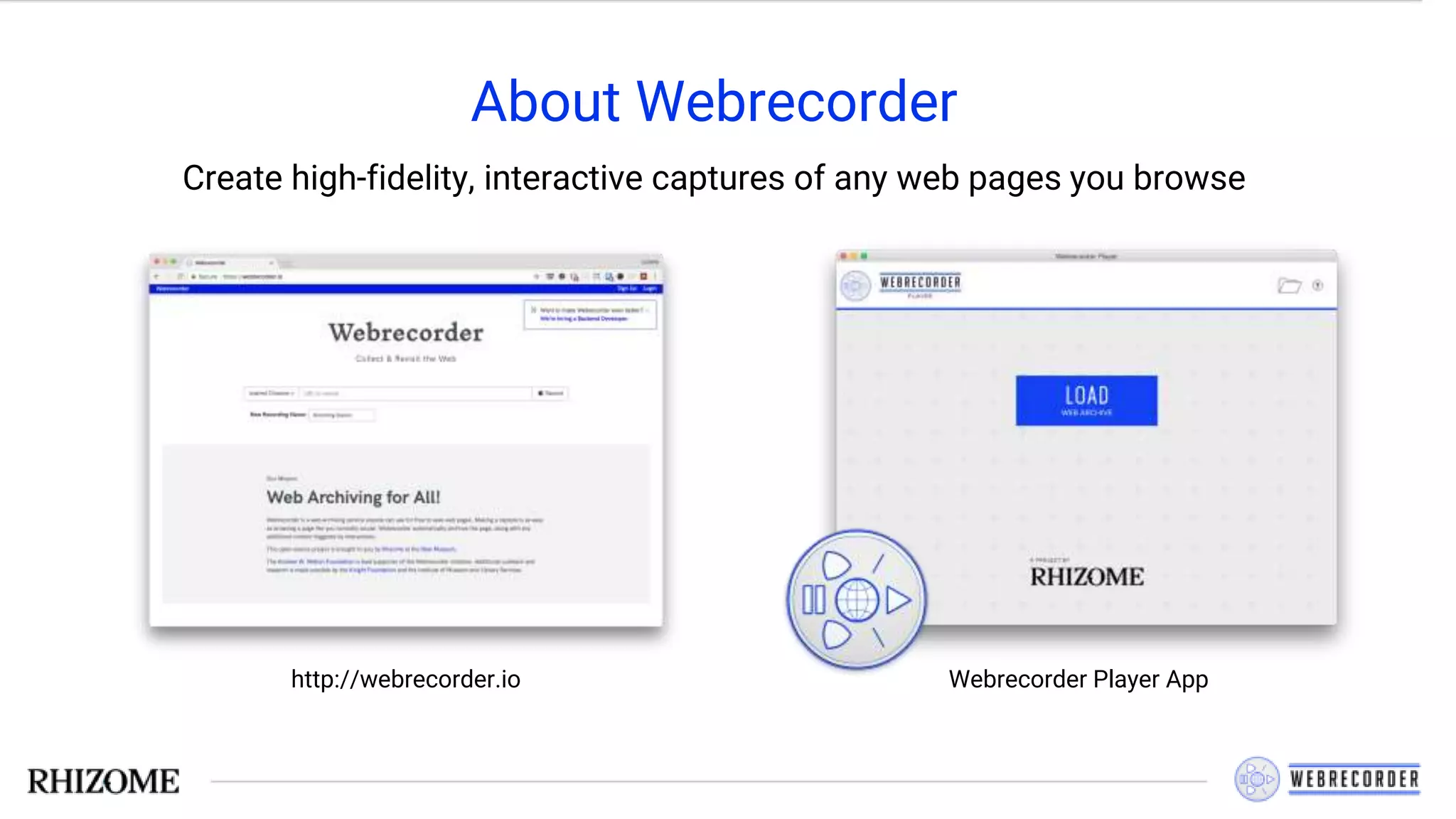 About Webrecorder
Create high-fidelity, interactive captures of any web pages you browse
http://webrecorder.io Webrecorder Player App
 