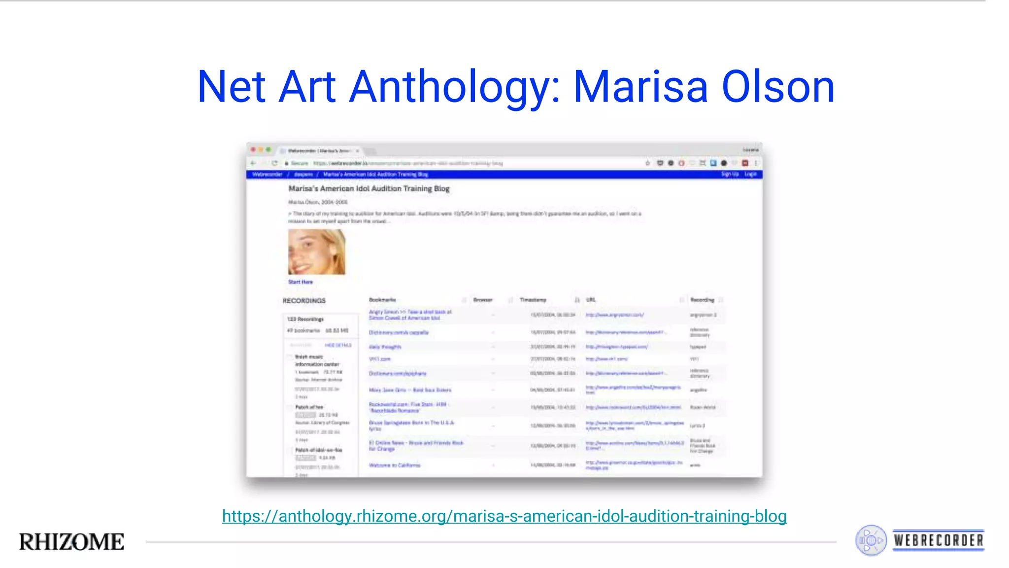 Net Art Anthology: Marisa Olson
https://anthology.rhizome.org/marisa-s-american-idol-audition-training-blog
 