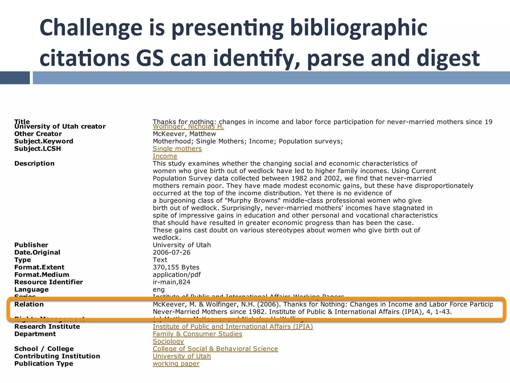 Challenge	
  is	
  presen*ng	
  bibliographic	
  
            cita*ons	
  GS	
  can	
  iden*fy,	
  parse	
  and	
  digest	
  
10/31/11                          Thanks for nothing: changes in income and labor force participation for never-married mothers since 1982

     Title                                     Thanks for nothing: changes in income and labor force participation for never-married mothers since 1982
     University of Utah creator                Wolfinger, Nicholas H.
     Other Creator                             McKeever, Matthew
     Subject.Keyword                           Motherhood; Single Mothers; Income; Population surveys;
     Subject.LCSH                              Single mothers
                                               Income
     Description                               This study examines whether the changing social and economic characteristics of
                                               women who give birth out of wedlock have led to higher family incomes. Using Current
                                               Population Survey data collected between 1982 and 2002, we find that never-married
                                               mothers remain poor. They have made modest economic gains, but these have disproportionately
                                               occurred at the top of the income distribution. Yet there is no evidence of
                                               a burgeoning class of "Murphy Browns" middle-class professional women who give
                                               birth out of wedlock. Surprisingly, never-married mothers' incomes have stagnated in
                                               spite of impressive gains in education and other personal and vocational characteristics
                                               that should have resulted in greater economic progress than has been the case.
                                               These gains cast doubt on various stereotypes about women who give birth out of
                                               wedlock.
     Publisher                                 University of Utah
     Date.Original                             2006-07-26
     Type                                      Text
     Format.Extent                             370,155 Bytes
     Format.Medium                             application/pdf
     Resource Identifier                       ir-main,824
     Language                                  eng
     Series                                    Institute of Public and International Affairs Working Papers
     Relation                                  McKeever, M. & Wolfinger, N.H. (2006). Thanks for Nothing: Changes in Income and Labor Force Participation
                                               Never-Married Mothers since 1982. Institute of Public & International Affairs (IPIA), 4, 1-43.
     Rights Management                         (c) Matthew McKeever and Nicholas H. Wolfinger
     Research Institute                        Institute of Public and International Affairs (IPIA)
     Department                                Family & Consumer Studies
                                               Sociology
     School / College                          College of Social & Behavioral Science
     Contributing Institution                  University of Utah
     Publication Type                          working paper
                  UNIVERSITY OF UTAH | ECCLES HEALTH SCIENCES LIBRARY | MARRIOTT LIBRARY | QUINNEY LAW LIBRARY | DISCLAIMER | COPYRIGHT | CONTACT
               IN ACCORDANCE WITH THE AMERICANS WITH DISABILITIES ACT, THE INFORMATION IN THIS SITE IS AVAILABLE IN ALTERNATE FORMATS UPON REQUEST.
 