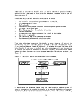 10
debe hacer el esfuerzo de describir cada una de las alternativas preseleccionadas;
presentando sus características específicas más relevantes y aquellos aspectos que las
diferencian entre sí.
Para la descripción de cada alternativa se debe tener en cuenta:
 Los beneficios que se esperan generar a través del proyecto.
 Los beneficiarios del mismo.
 Su localización.
 La tecnología seleccionada e insumos empleados para su procesamiento.
 Los aspectos de organización.
 El nivel de producción o de prestación del servicio.
 La vida útil esperada.
 El valor de las inversiones necesarias y las fuentes de financiación.
 Los costos de operación.
 Las condiciones que hacen sostenible el proyecto.
 Demás especificaciones de la solución planteada.
Para cada alternativa plenamente identificada se debe adelantar el proceso de
formulación y evaluación respectivo, de cuyo resultado se deriva la selección de la mejor.
En muchas ocasiones los Planes de Desarrollo y los estudios sectoriales son fuente para
la identificación de proyectos, no obstante que estos estudios pueden revelar la existencia
de barreras que impiden el desarrollo de una región o sector y, en consecuencia, deben
tenerse en cuenta desde un principio al estudiar la viabilidad de cualquier proyecto. (Ver
Cuadro 4)
Cuadro 4. Panorámica del proceso de identificación de proyectos.
La identificación de proyectos puede surgir del conocimiento y observación de los
sectores sociales más carenciados, de estudios de consumo de productos en el país o en
alguna región, de encuestas sobre establecimientos industriales y de servicios existentes,
 