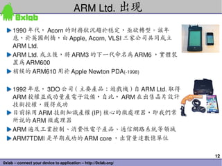 12
0xlab – connect your device to application – http://0xlab.org/
ARM Ltd. 出現
1990 年代， Acorn 的財務狀況趨於穩定，亟欲轉型。該年
底，於英國劍橋，由 Apple, Acorn, VLSI 三家公司共同成立
ARM Ltd.
ARM Ltd. 成立後，將 ARM3 的下一代命名為 ARM6 ，實體裝
置為 ARM600
稍候的 ARM610 用於 Apple Newton PDA(­1998)
1992 年底， 3DO 公司 ( 主要產品：遊戲機 ) 自 ARM Ltd. 取得
ARM 授權並成功量產電子設備，自此， ARM 在出售晶片設計
技術授權，獲得成功
目前採用 ARM 技術知識產權 (IP) 核心的微處理器，即我們常
所說的 ARM 微處理器
ARM 遍及工業控制、消費性電子產品、通信網路系統等領域
ARM7TDMI 是早期成功的 ARM core ，出貨量達數億單位
 