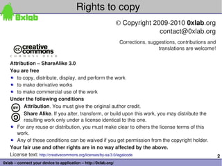 2
0xlab – connect your device to application – http://0xlab.org/
Rights to copy
Attribution – ShareAlike 3.0
You are free
to copy, distribute, display, and perform the work
to make derivative works
to make commercial use of the work
Under the following conditions
Attribution. You must give the original author credit.
Share Alike. If you alter, transform, or build upon this work, you may distribute the 
resulting work only under a license identical to this one.
For any reuse or distribution, you must make clear to others the license terms of this 
work.
Any of these conditions can be waived if you get permission from the copyright holder.
Your fair use and other rights are in no way affected by the above.
License text: http://creativecommons.org/licenses/by­sa/3.0/legalcode
© Copyright 2009­2010 0xlab.org
contact@0xlab.org
Corrections, suggestions, contributions and 
translations are welcome!
 