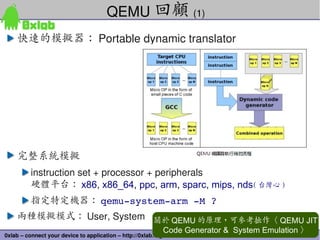 62
0xlab – connect your device to application – http://0xlab.org/
快速的模擬器： Portable dynamic translator
完整系統模擬
instruction set + processor + peripherals
硬體平台： x86, x86_64, ppc, arm, sparc, mips, nds( 台灣心 )
指定特定機器： qemu­system­arm ­M ?
兩種模擬模式： User, System
QEMU 回顧 (1)
關於 QEMU 的原理，可參考拙作〈 QEMU JIT
Code Generator & System Emulation 〉
 