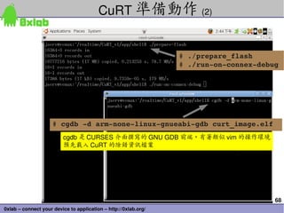 68
0xlab – connect your device to application – http://0xlab.org/
CuRT 準備動作 (2)
# ./prepare_flash
# ./run­on­connex­debug
# cgdb ­d arm­none­linux­gnueabi­gdb curt_image.elf
cgdb 是 CURSES 介面撰寫的 GNU GDB 前端，有著類似 vim 的操作環境
預先載入 CuRT 的除錯資訊檔案
 