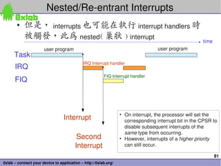 81
0xlab – connect your device to application – http://0xlab.org/
Nested/Re­entrant Interrupts 
• 但是， interrupts 也可能在執行 interrupt handlers 時
被觸發，此為 nested( 巢狀 ) interrupt
user program user program
IRQ Interrupt handler
Interrupt • On interrupt, the processor will set the 
corresponding interrupt bit in the CPSR to 
disable subsequent interrupts of the 
same type from occurring. 
• However, interrupts of a higher priority 
can still occur.
Task
IRQ
FIQ
time
FIQ Interrupt handler
Second
Interrupt
 
