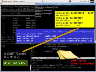 97
0xlab – connect your device to application – http://0xlab.org/
(qemu) print 0x40100000 + 0x00
0x40100000
(qemu) x/1d 0x40100000
0x40100000: 0
(qemu) x/1d 0x40100000
0x40100000: 65
CuRT_v1/includes/arch/arm/mach-pxa/pxa255.h
/** Full Function UART */
#define FFUART_BASE 0x40100000
#define rFFTHR (*((volatile ulong *)(FFUART_BASE+0x00)))
#define rFFLSR (*((volatile ulong *)(FFUART_BASE+0x14)))
CuRT_v1/includes/arch/arm/mach-pxa/pxa255.h
/** Full Function UART */
#define FFUART_BASE 0x40100000
#define rFFTHR (*((volatile ulong *)(FFUART_BASE+0x00)))
#define rFFLSR (*((volatile ulong *)(FFUART_BASE+0x14)))
在 CuRT 的 serial
輸入 'A' 字元
CuRT serial
driver is disabled‘A’ = 0x41 = 65
 