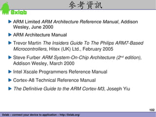 參考資訊
        ARM Limited ARM Architecture Reference Manual, Addison
        Wesley, June 2000
        ARM Architecture Manual
        Trevor Martin The Insiders Guide To The Philips ARM7­Based 
        Microcontrollers, Hitex (UK) Ltd., February 2005
        Steve Furber ARM System­On­Chip Architecture (2nd edition), 
        Addison Wesley, March 2000
        Intel Xscale Programmers Reference Manual
        Cortex­A8 Technical Reference Manual
        The Definitive Guide to the ARM Cortex­M3, Joseph Yiu



                                                                       102
0xlab – connect your device to application – http://0xlab.org/
 