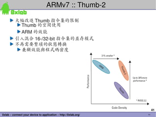 ARMv7 :: Thumb­2

          大幅改進 Thumb 指令集的限制
           Thumb 的空間使用
           ARM 的效能
          引入混合 16­/32­bit 指令集的並存模式
          不再需要繁瑣的狀態轉換
           兼顧效能與程式碼密度




                                                                      41
0xlab – connect your device to application – http://0xlab.org/   41
 