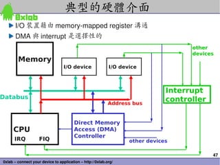 典型的硬體介面
      I/O 裝置藉由 memory­mapped register 溝通
      DMA 與 interrupt 是選擇性的
                                                                                    other
                                                                                    devices
        Memory
                                  I/O device               I/O device



                                                                              Interrupt
Databus                                                                       controller
                                                           Address bus


                                        Direct Memory
     CPU                                Access (DMA)
                                        Controller
      IRQ           FIQ                                           other devices

                                                                                           47
0xlab – connect your device to application – http://0xlab.org/
 