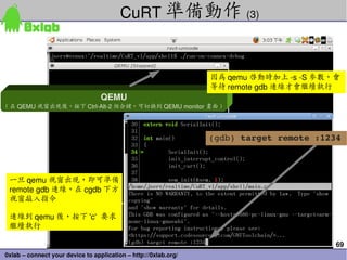CuRT 準備動作 (3)


                                                                 因為 qemu 啟動時加上 ­s ­S 參數，會
                                                                 等待 remote gdb 連線才會繼續執行
                                  QEMU
( 在 QEMU 視窗出現後，按下 Ctrl­Alt­2 組合鍵，可切換到 QEMU monitor 畫面 )




                                                                 (gdb) target remote :1234



 一旦 qemu 視窗出現，即可準備
 remote gdb 連線，在 cgdb 下方
 視窗敲入指令

 連線到 qemu 後，按下 'c'  要求
 繼續執行

                                                                                         69
0xlab – connect your device to application – http://0xlab.org/
 