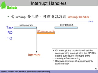 Interrupt Handlers 

       • 當 interrupt 發生時，硬體會跳躍到 interrupt handler
                                                                                                     time
                      user program                                      user program
      Task
                                            IRQ Interrupt handler
      IRQ
      FIQ


                                                                 • On interrupt, the processor will set the 
                                                                   corresponding interrupt bit in the CPSR to 
                                  Interrupt                        disable subsequent interrupts of the 
                                                                   same type from occurring. 
                                                                 • However, interrupts of a higher priority 
                                                                   can still occur.

                                                                                                            80
0xlab – connect your device to application – http://0xlab.org/
 