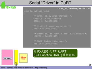 Serial “Driver” in CuRT
                                                                 CuRT_v1/device/serial.c
                                                                 CuRT_v1/device/serial.c
                                    void SerialInit(void)
                                    void SerialInit(void)
                                    {
                                    {
                                            /* GP39, GP40, GP41 UART(10) */
                                            /* GP39, GP40, GP41 UART(10) */
                                            GAFR1_L |= 0x000A8000;
                                            GAFR1_L |= 0x000A8000;
                                            GPDR1 |= 0x00000380;
                                            GPDR1 |= 0x00000380;

                                            /* 8-bit, 1 stop, no parity */
                                            /* 8-bit, 1 stop, no parity */
                                            rFFLCR = 0x00000003;
                                            rFFLCR = 0x00000003;

                                            /* Reset tx, rx FIFO. clear. FIFO enable */
                                            /* Reset tx, rx FIFO. clear. FIFO enable */
                                            rFFFCR = 0x00000007;
                                            rFFFCR = 0x00000007;

                                            /* UART Enable Interrupt */
                                            /* UART Enable Interrupt */
                                            rFFIER = 0x00000040;
                                            rFFIER = 0x00000040;


                                            對 PXA255 之 FF_UART
                                            (Full Function UART) 作初始化
                                 XScale
    FF_UART                       Core
                  r e hp r e P




                                                                                          95
                       i




0xlab – connect your device to application – http://0xlab.org/
 