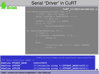 Serial “Driver” in CuRT
                                                                           CuRT_v1/device/serial.c
                                                                           CuRT_v1/device/serial.c
                               void SerialOutputByte(const char c) {
                               void SerialOutputByte(const char c) {
                                       /* FIFO : wait for ready */
                                       /* FIFO : wait for ready */
                                       while ((rFFLSR & 0x00000020) == 0 )
                                       while ((rFFLSR & 0x00000020) == 0 )
                                               /* wait */;
                                               /* wait */;
                                       rFFTHR = ((ulong) c & 0xFF);
                                       rFFTHR = ((ulong) c & 0xFF);
                                       if (c == 'n')
                                       if (c == 'n')
                                               SerialOutputByte('r');
                                               SerialOutputByte('r');
                               }
                               }
                               int SerialInputByte(char *c) {
                               int SerialInputByte(char *c) {
                                       /* FIFO */
                                       /* FIFO */
                                       if ((rFFLSR & 0x00000001) == 0) {
                                       if ((rFFLSR & 0x00000001) == 0) {
                                               return 0;
                                               return 0;
                                       }
                                       }
                                       else {
                                       else {
                                               *(volatile char *) c = (char) rFFRBR;
                                               *(volatile char *) c = (char) rFFRBR;
                                               return 1;
                                               return 1;
                                       }
                                       }
                               }
                               }

                                           CuRT_v1/includes/arch/arm/mach-pxa/pxa255.h
                                           CuRT_v1/includes/arch/arm/mach-pxa/pxa255.h
/** Full Function UART */
/** Full Function UART */
#define FFUART_BASE
#define FFUART_BASE     0x40100000
                        0x40100000
#define rFFTHR
#define rFFTHR          (*((volatile
                        (*((volatile                             ulong
                                                                 ulong   *)(FFUART_BASE+0x00)))
                                                                         *)(FFUART_BASE+0x00)))
#define rFFLSR
#define rFFLSR          (*((volatile
                        (*((volatile                             ulong
                                                                 ulong   *)(FFUART_BASE+0x14)))
                                                                         *)(FFUART_BASE+0x14)))   96
0xlab – connect your device to application – http://0xlab.org/
 